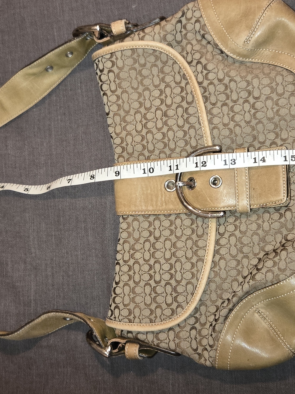 Coach Signature C Canvas Shoulder Bag Khaki Tan Leather Trim Flap Purse - Picture 9 of 10